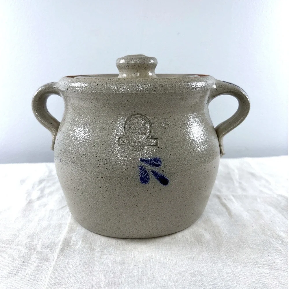Rowe Pottery Works 1987 Salt Glazed Stoneware Lidded Crock Bean Pot